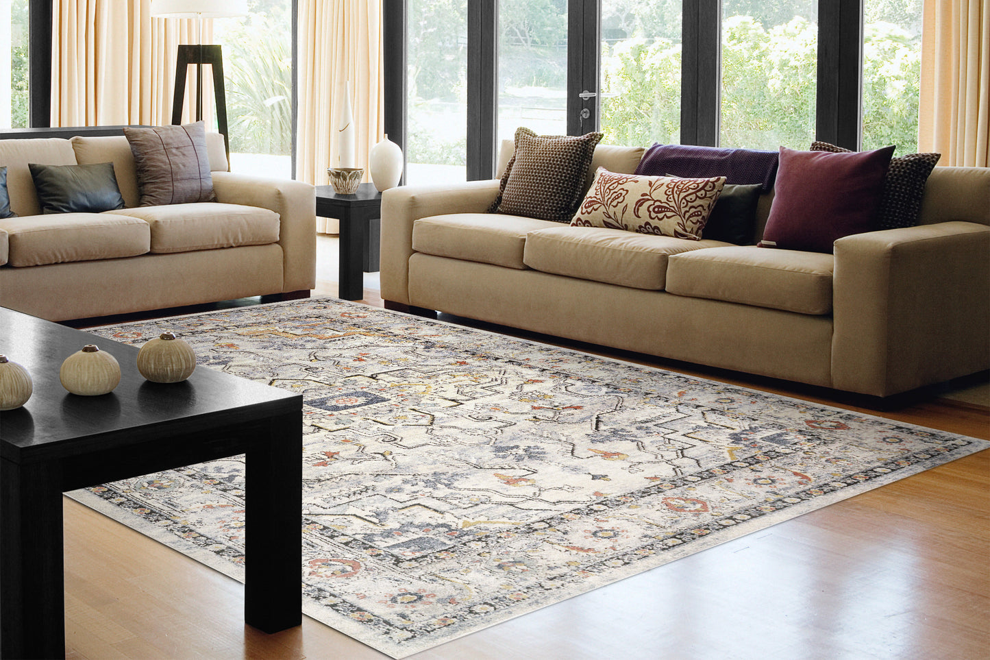 Mabel Traditional Ivory/Navy/Multi Oriental Low Pile Rug