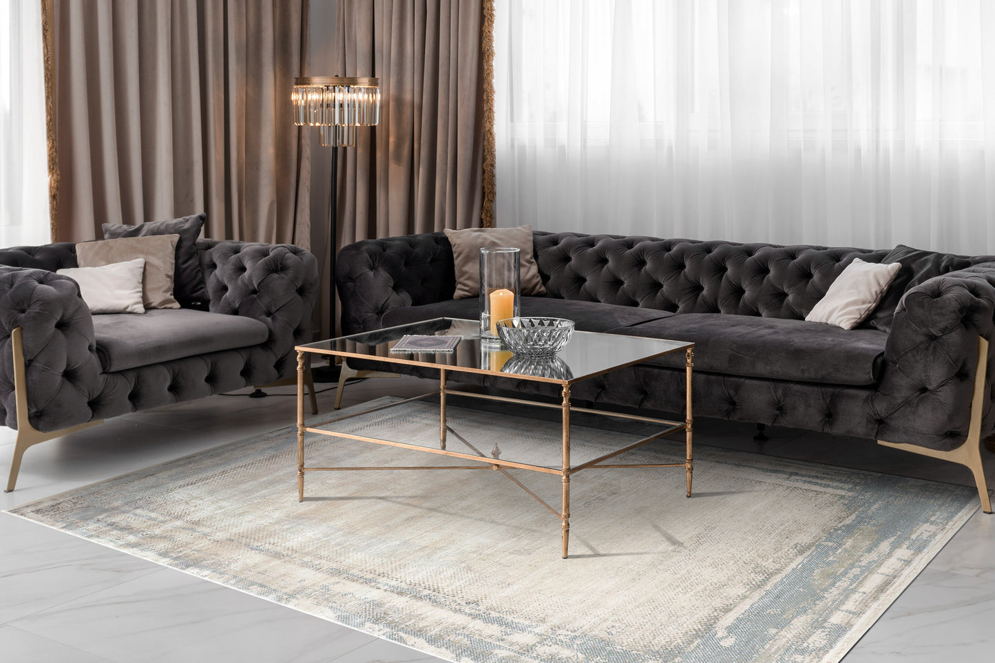 Ruby Modern Ivory/Blue Abstract Low Pile Rug