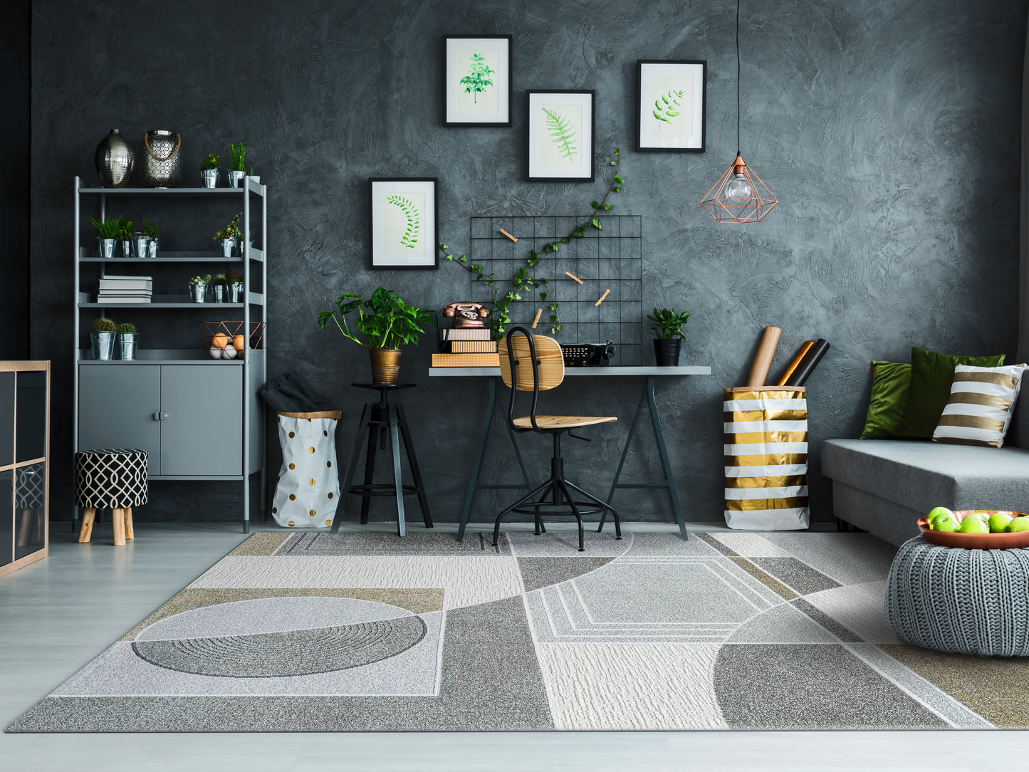 Polaris Modern Ivory/Grey/Gold Geometric Low Pile Rug