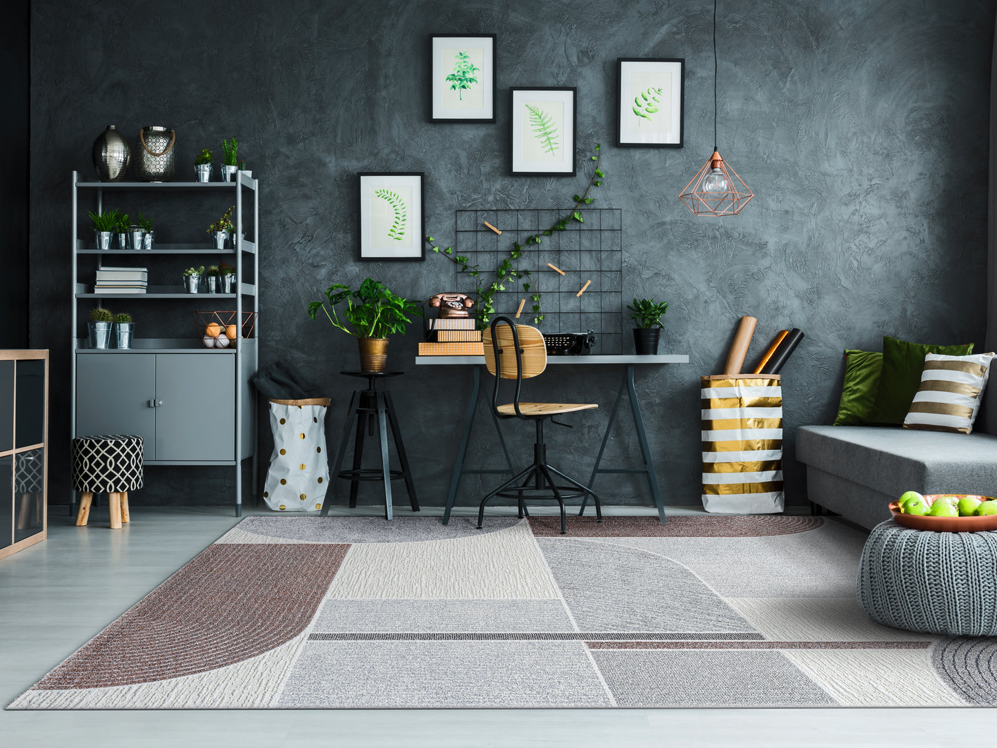 Polaris Modern Ivory/Grey/Burgundy Geometric Low Pile Rug