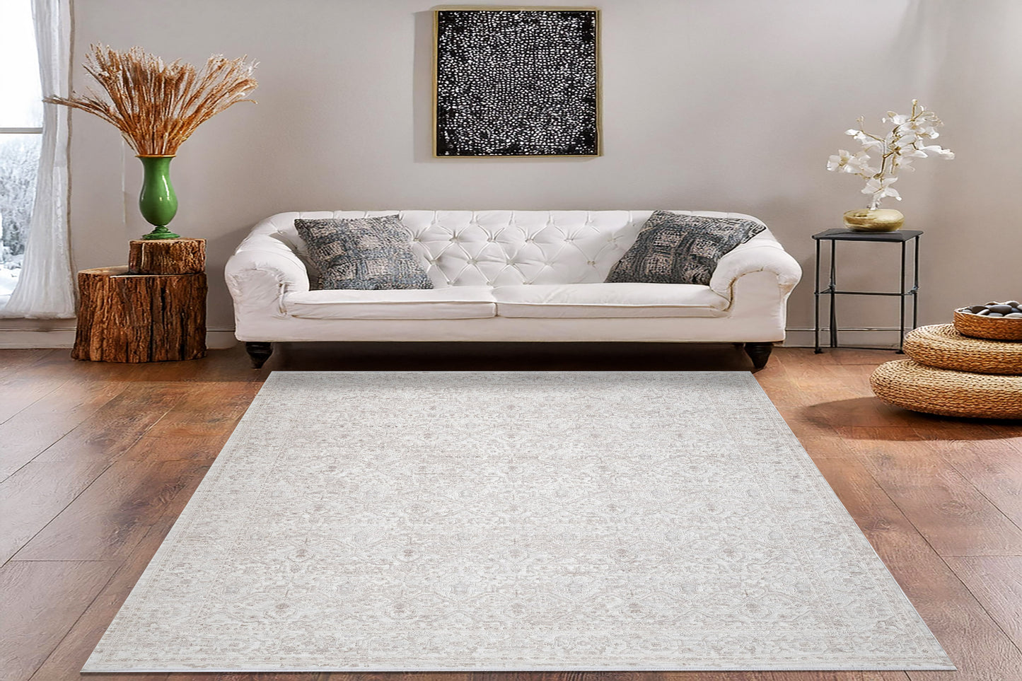 Artemis Traditional Beige/Grey Damask Low Pile Rug