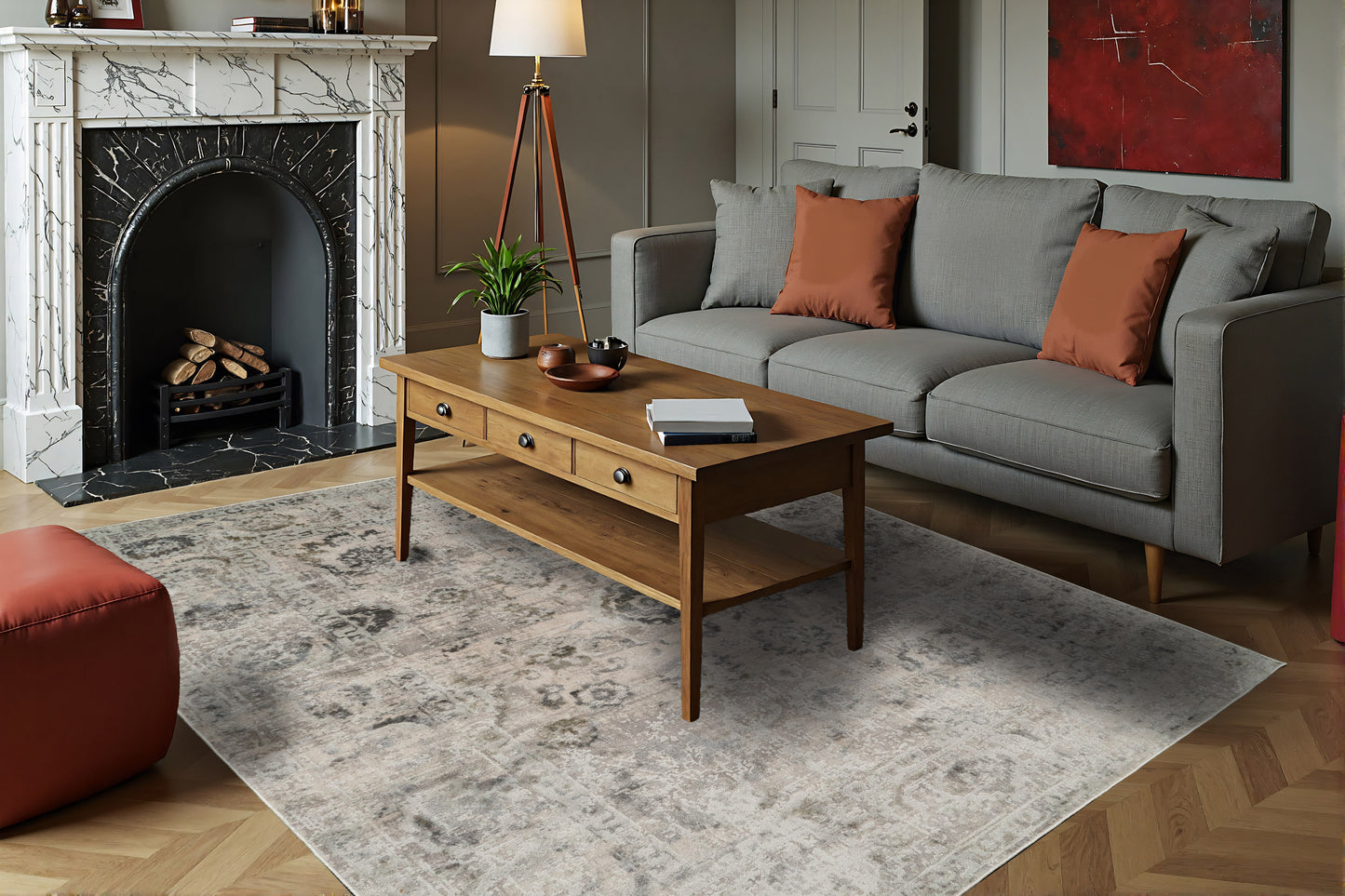 Castilla Modern Ivory/Grey Distressed Medium Pile Rug