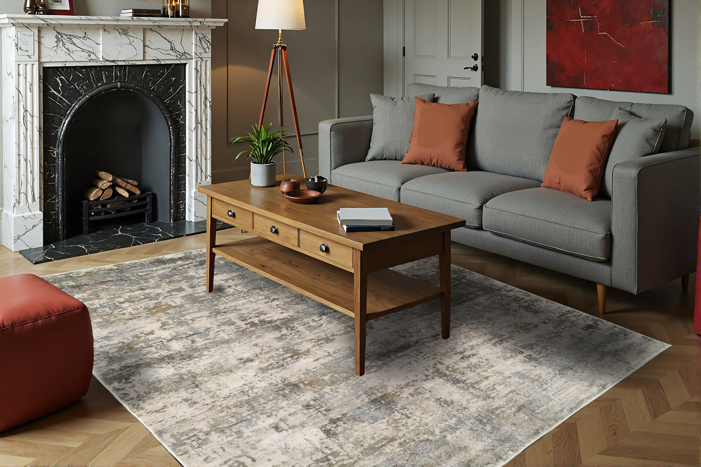 Castilla Modern Cream/Grey Distressed Medium Pile Rug