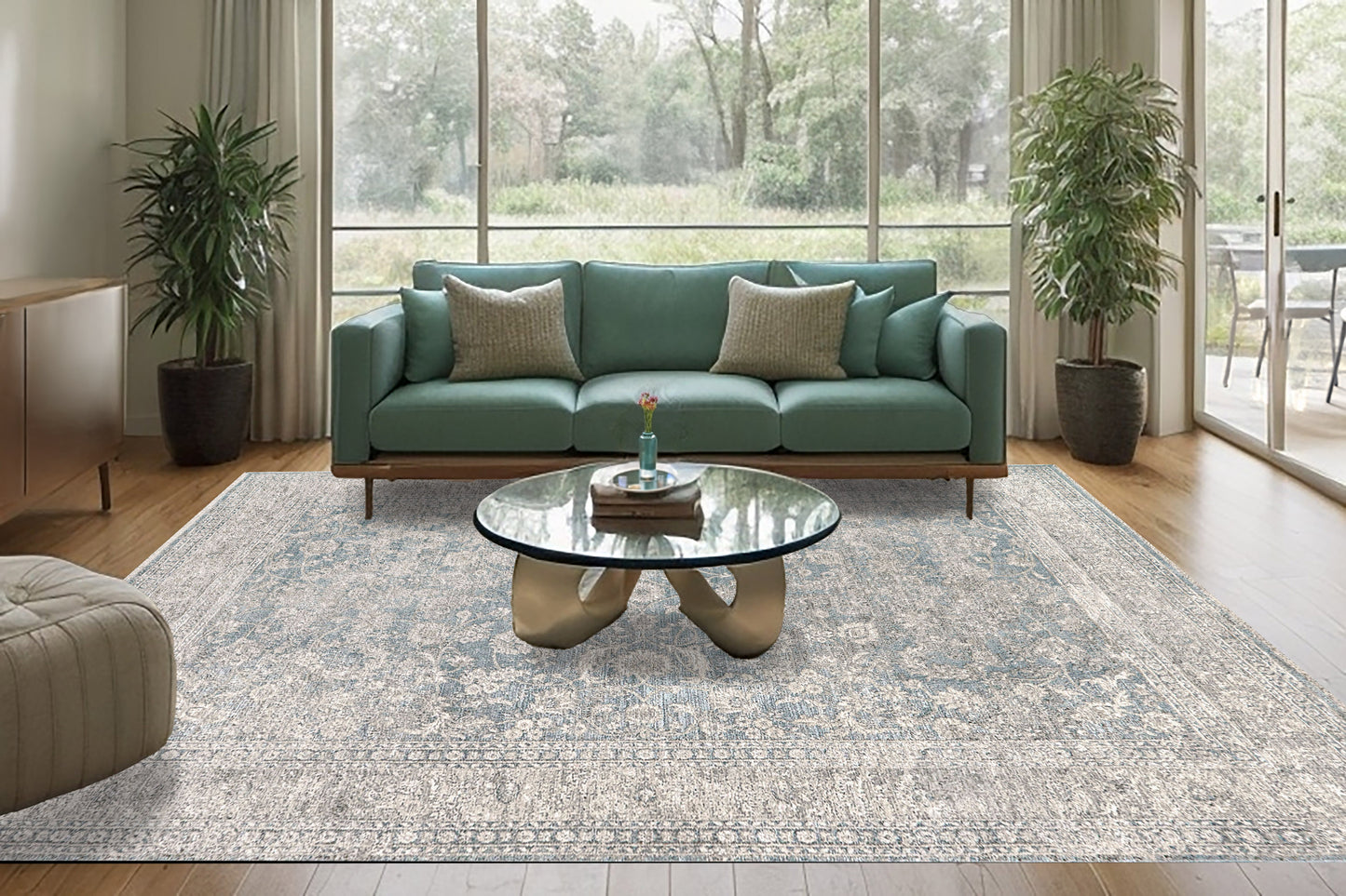 Dharma Transitional Light Blue/Beige Floral Low Pile Rug