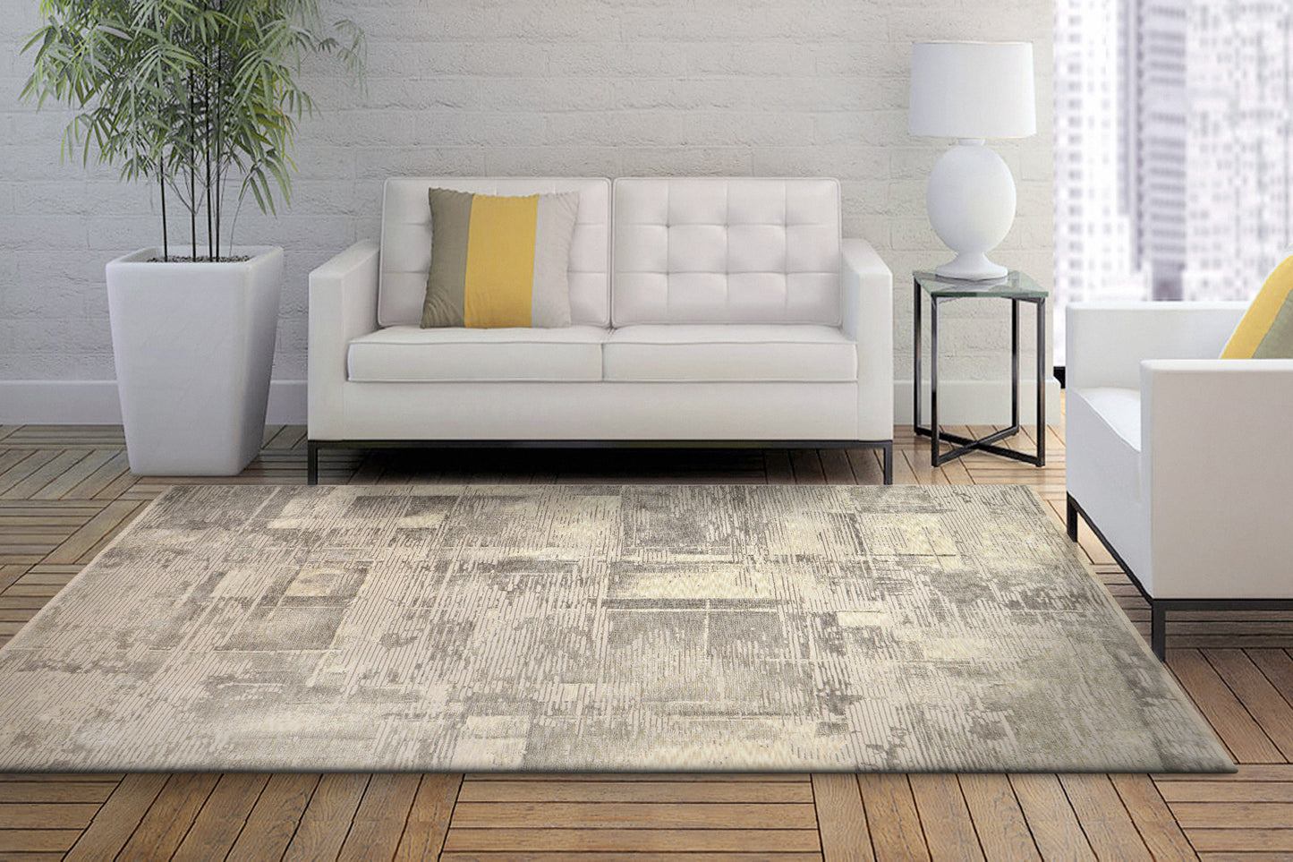 Hudson Modern Beige/Grey Abstract High-Low Rug