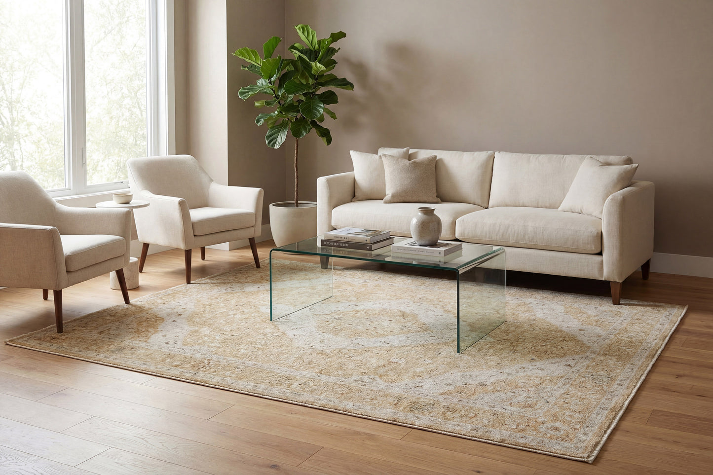 Hudson Traditional Gold/Cream Medallion Medium Pile Rug