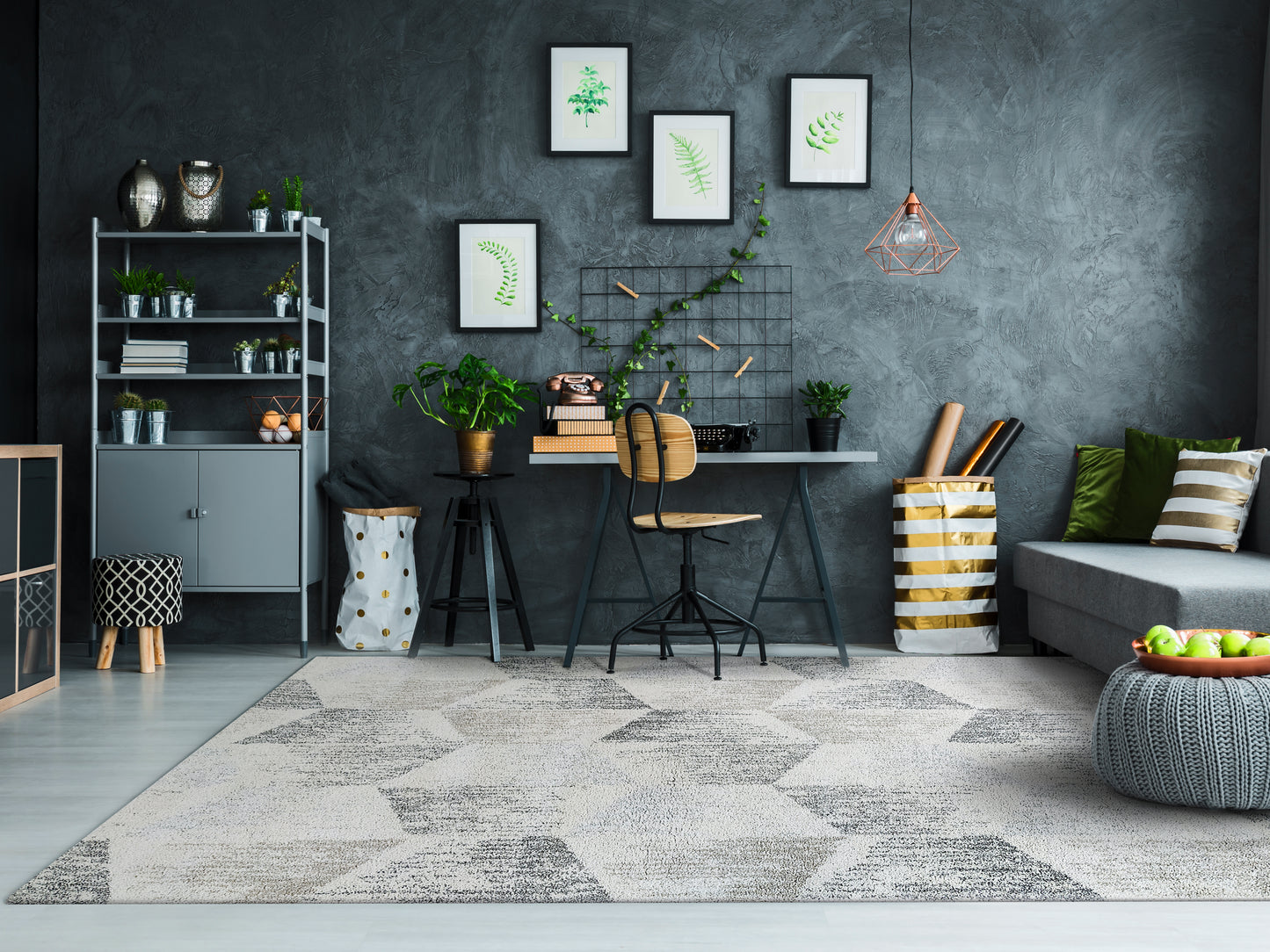 Mehari Contemporary Ivory/Grey/Taupe Geometric High Pile Rug