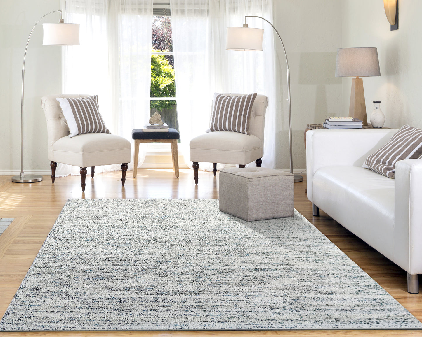 Mehari Contemporary Ivory/Grey/Blue Geometric High Pile Rug