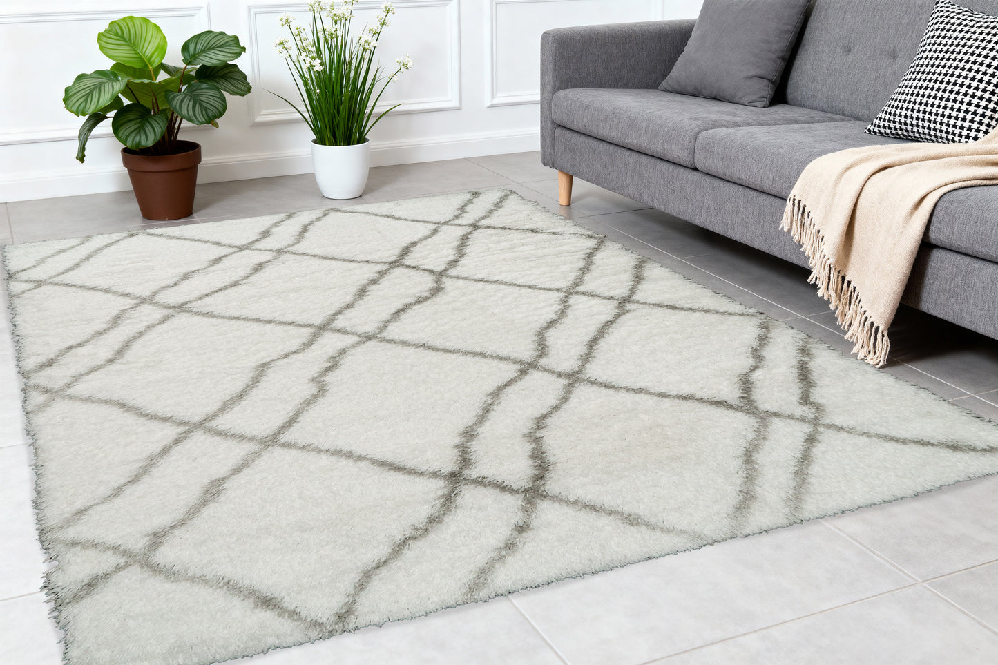 Nordic Contemporary White/Silver Aztec High Pile Rug