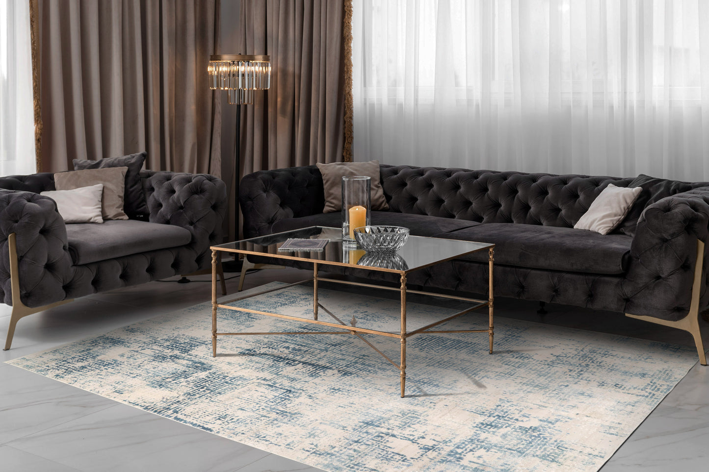 Quartz Traditional Blue Distressed Medium Pile Rug