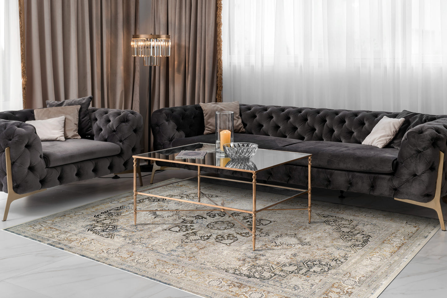 Ruby Transitional Ivory/Grey/Gold Oriental Medium Pile Rug