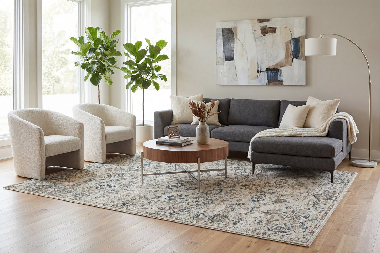 Venedik Traditional Cream/Blue Floral Medium Pile Rug