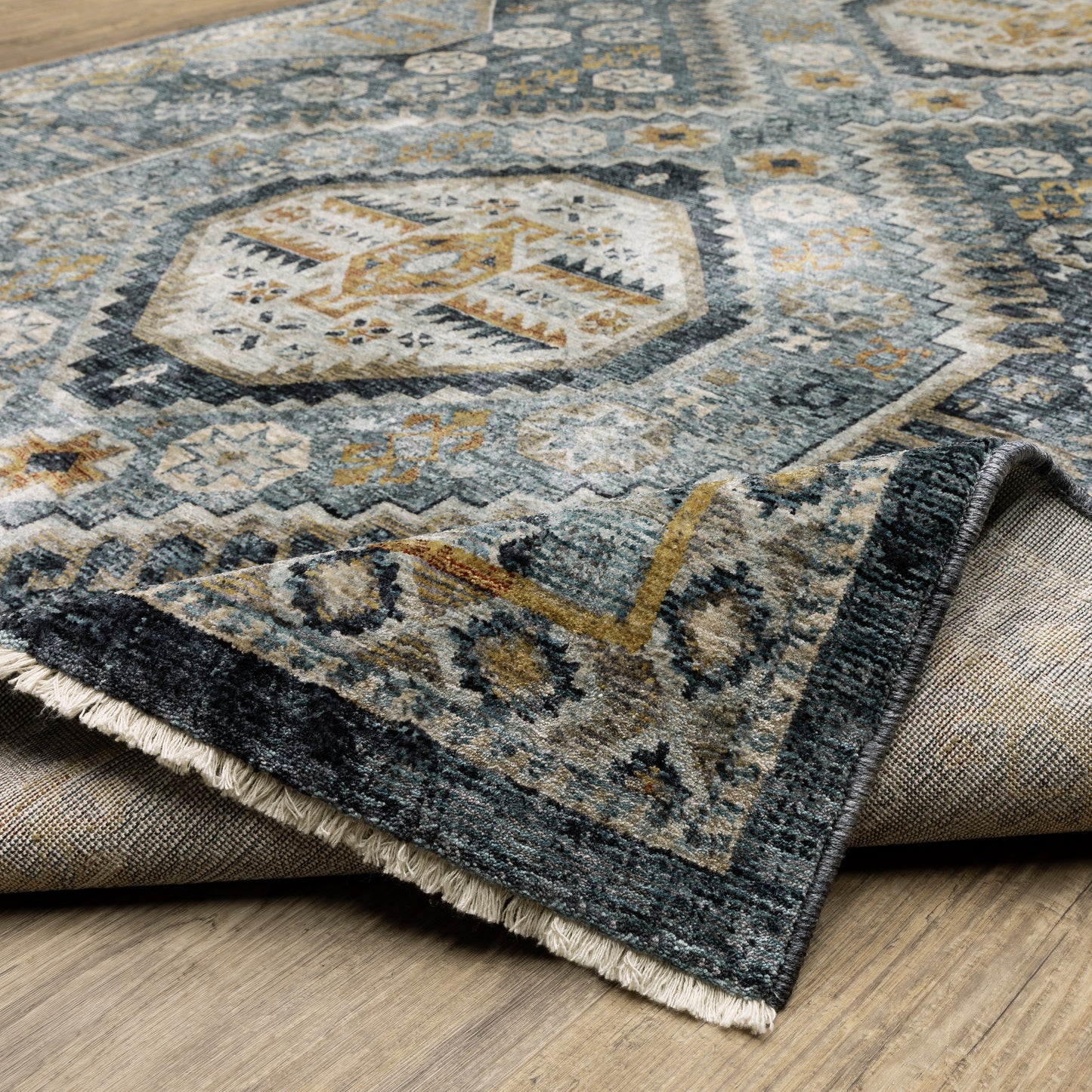 Aberdeen Medallion Blue/ Gold Oriental Cut Pile Rug
