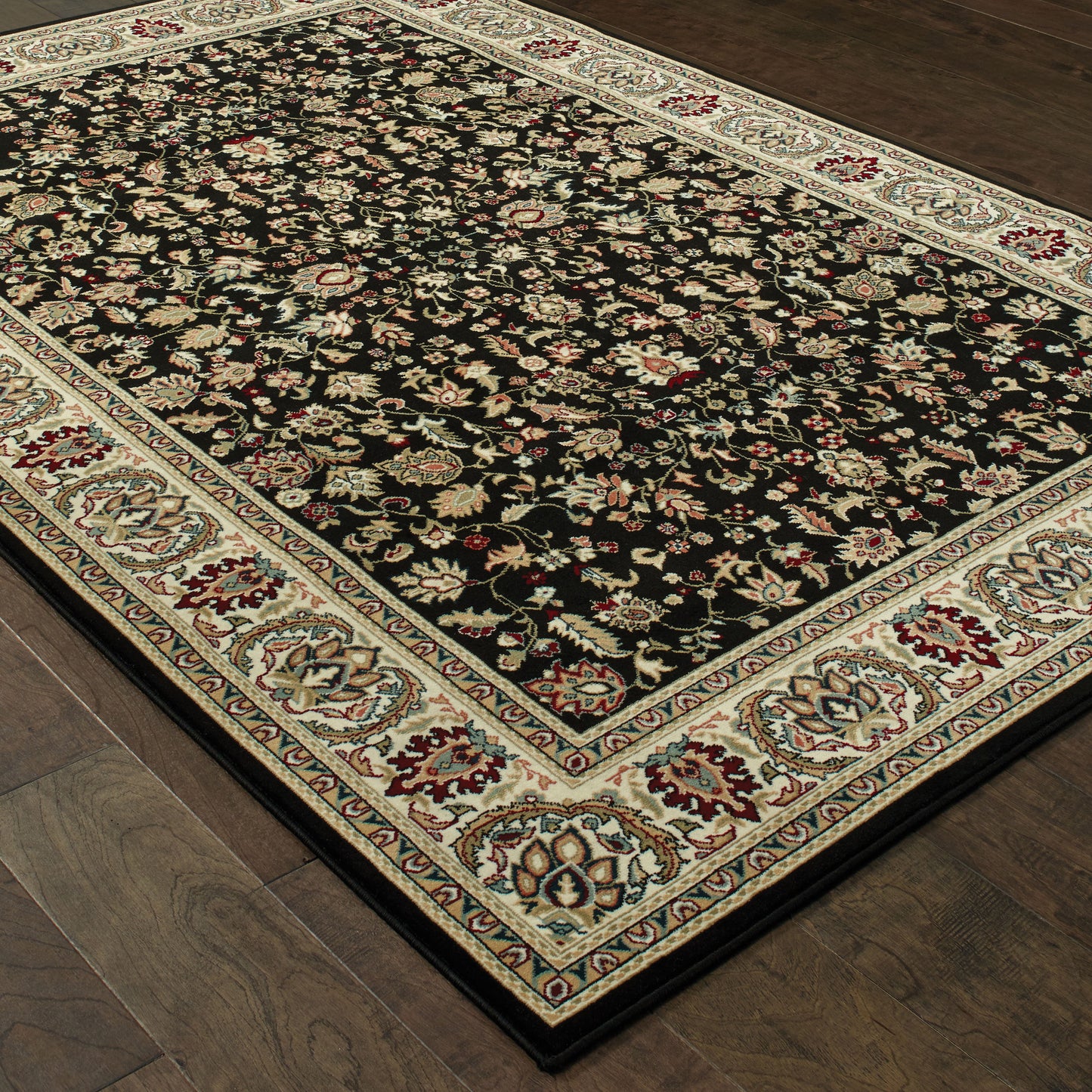 Kashan Oriental Black/ Ivory Cut Pile Rug