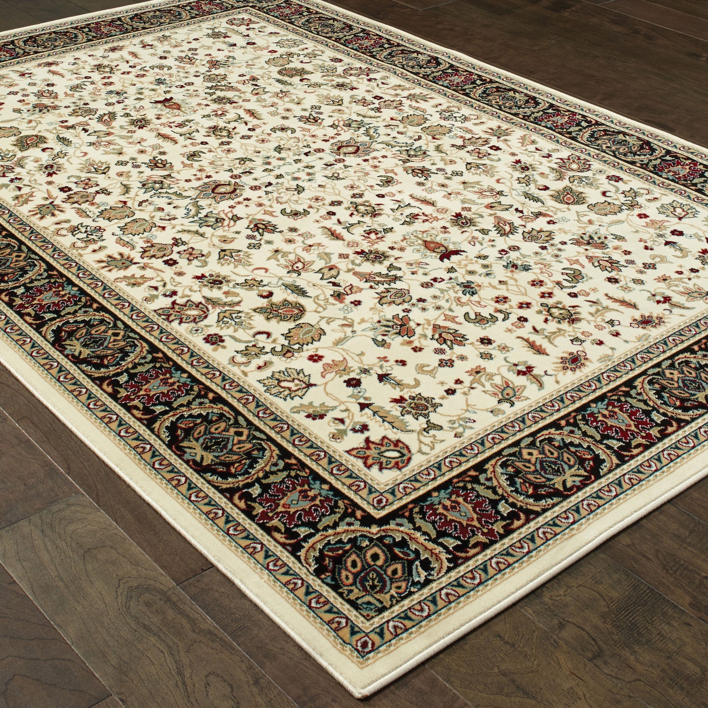 Kashan Oriental Ivory/ Black Cut Pile Rug