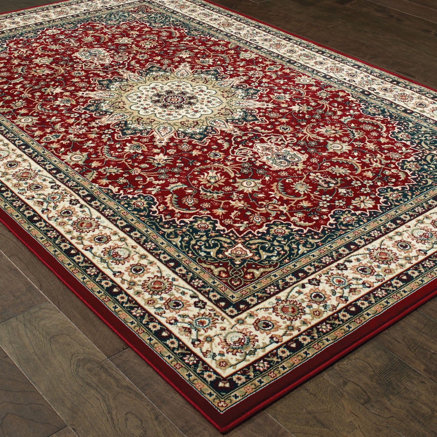 Kashan Medallion Red/ Ivory Oriental Cut Pile Rug