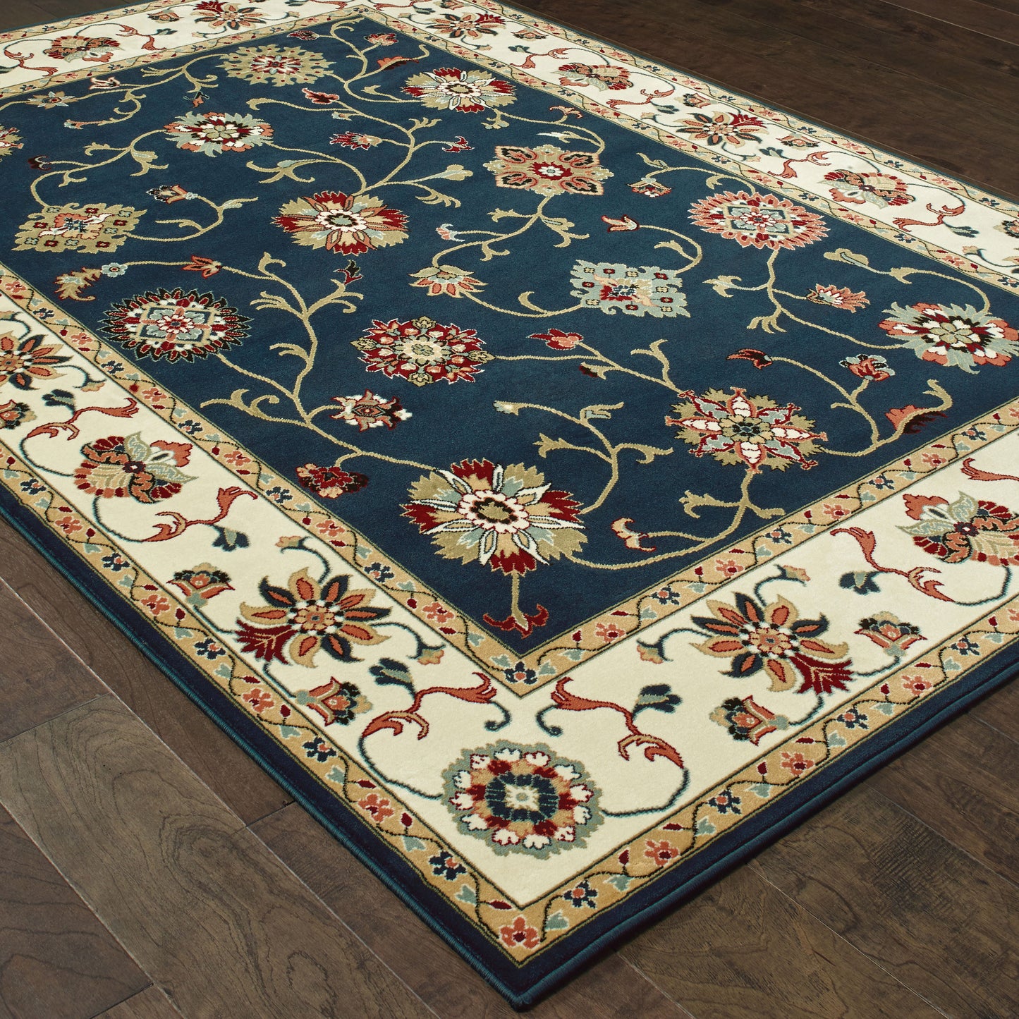 Kashan Floral Navy/ Ivory Oriental Cut Pile Rug
