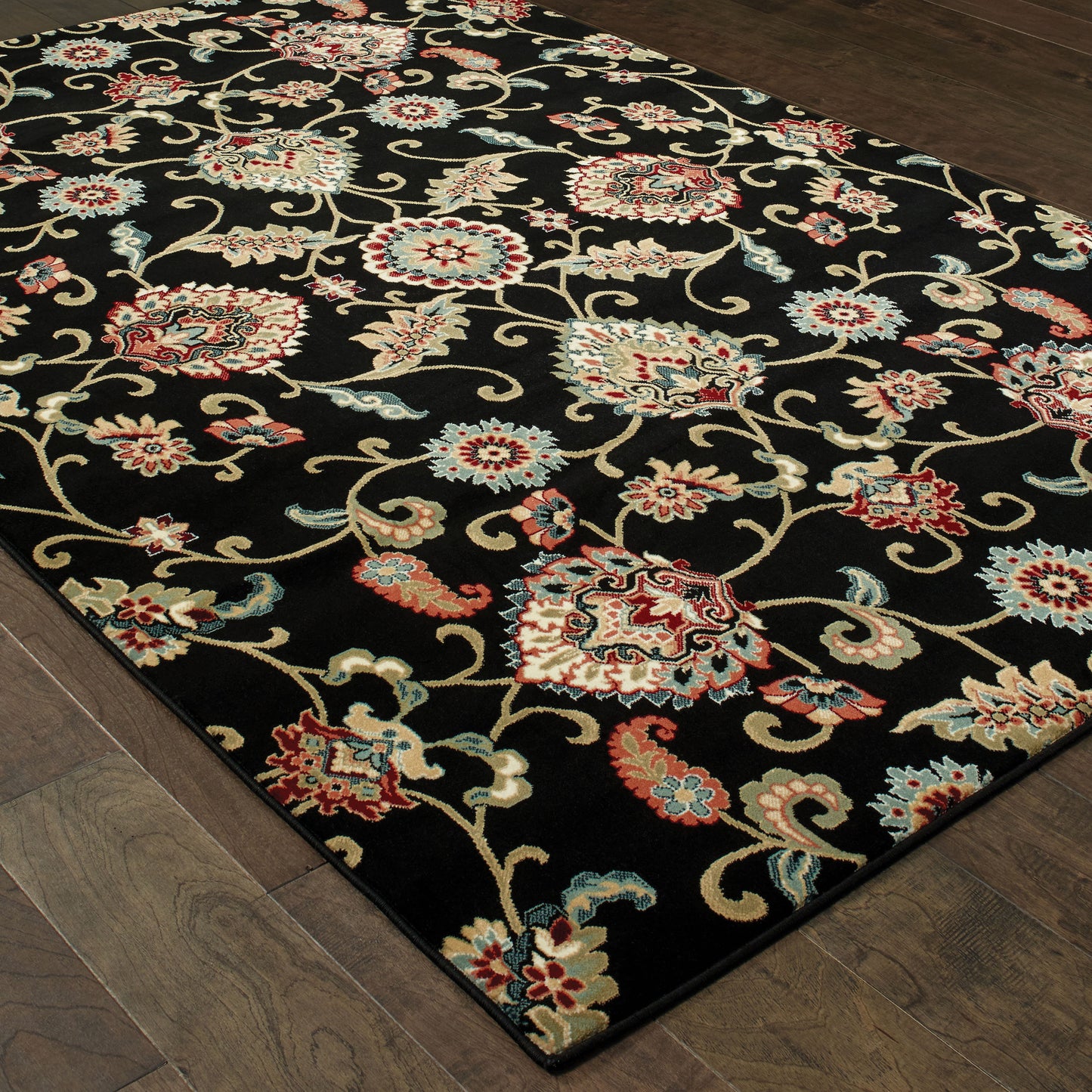 Kashan Oriental Black/ Multi Floral Cut Pile Rug