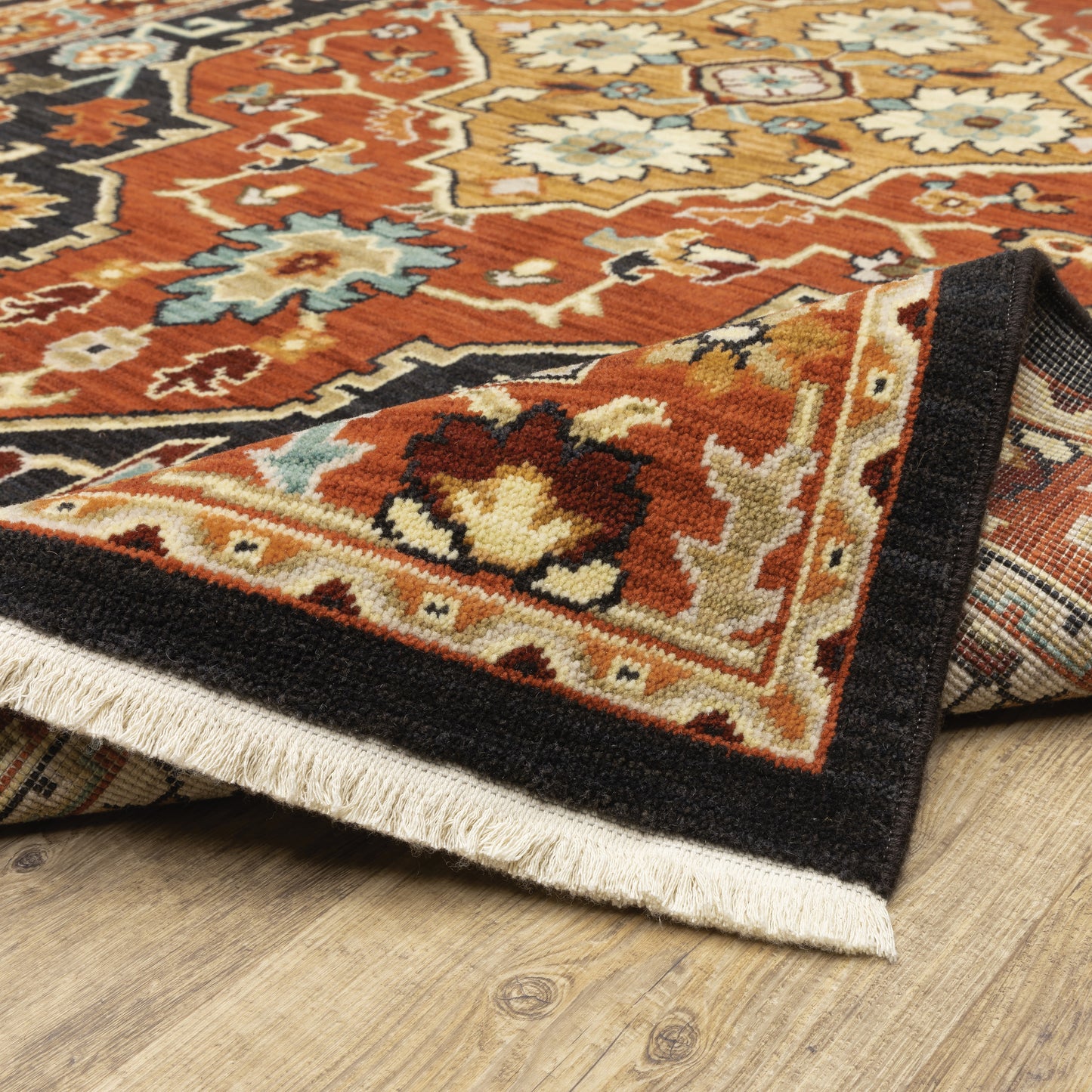Lilihan Medallion Black/ Red Oriental Cut Pile Rug