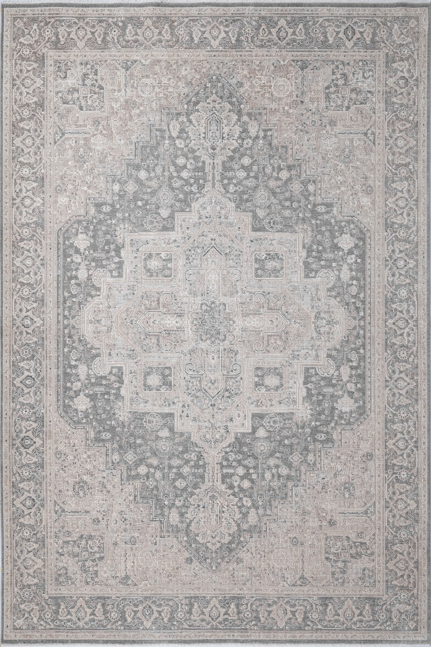 Lara Traditional Ivory/Grey Medallion Low Pile Rug