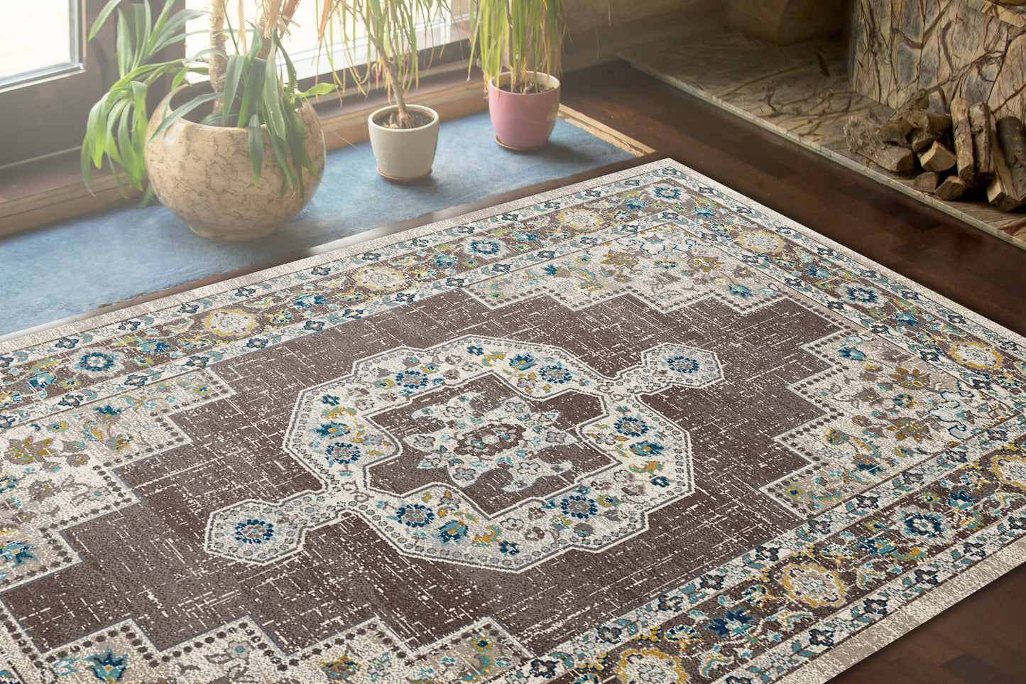 Zodiac Traditional Grey Medallion/Damask Low Pile Rug