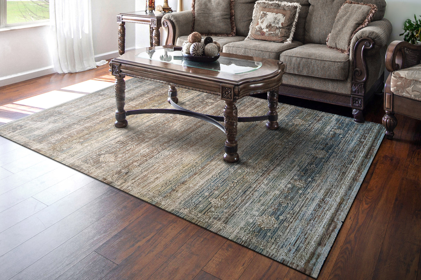 Trevi Transitional Beige/Cream/Blue Floral Low Pile Rug