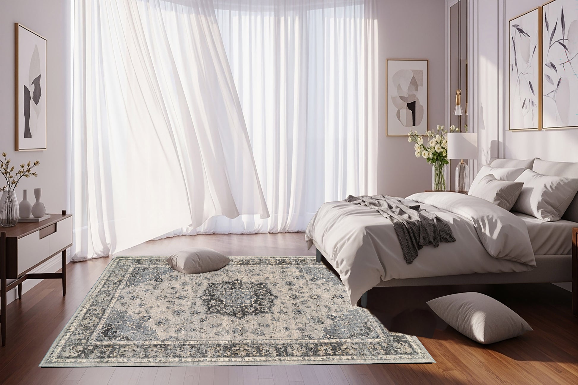 Ancient Garden Traditional Silver/Grey Distressed Medium Pile Rug