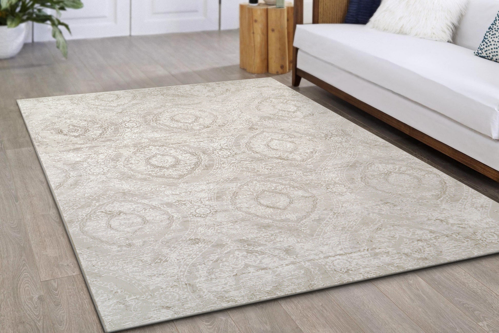 Atlas Transitional Beige Damask Medium Pile Rug