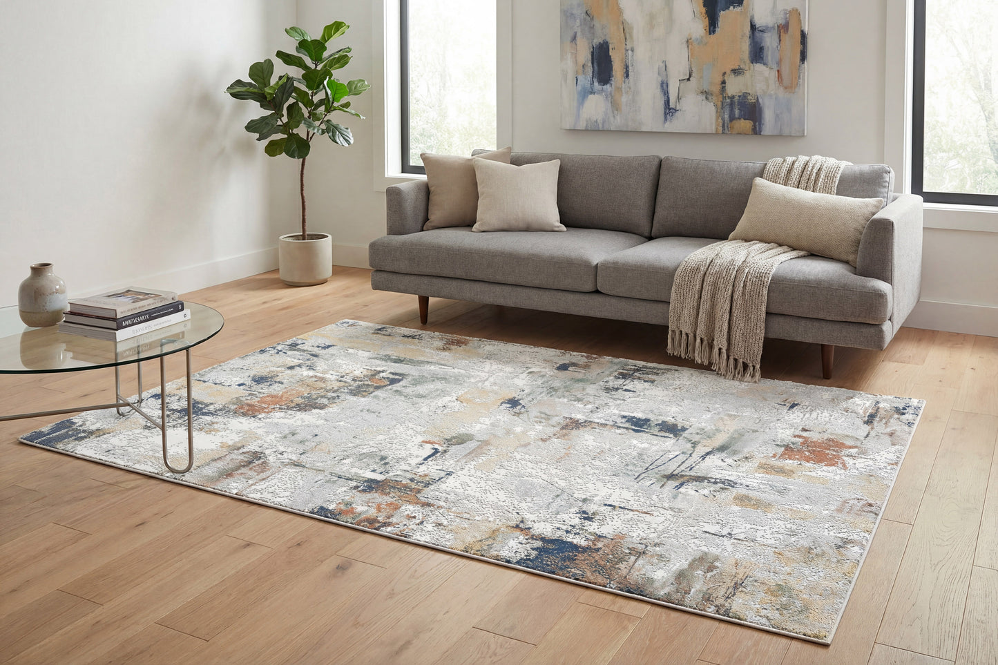 Authentic Modern Ivory/Multi Abstract Medium Pile Rug