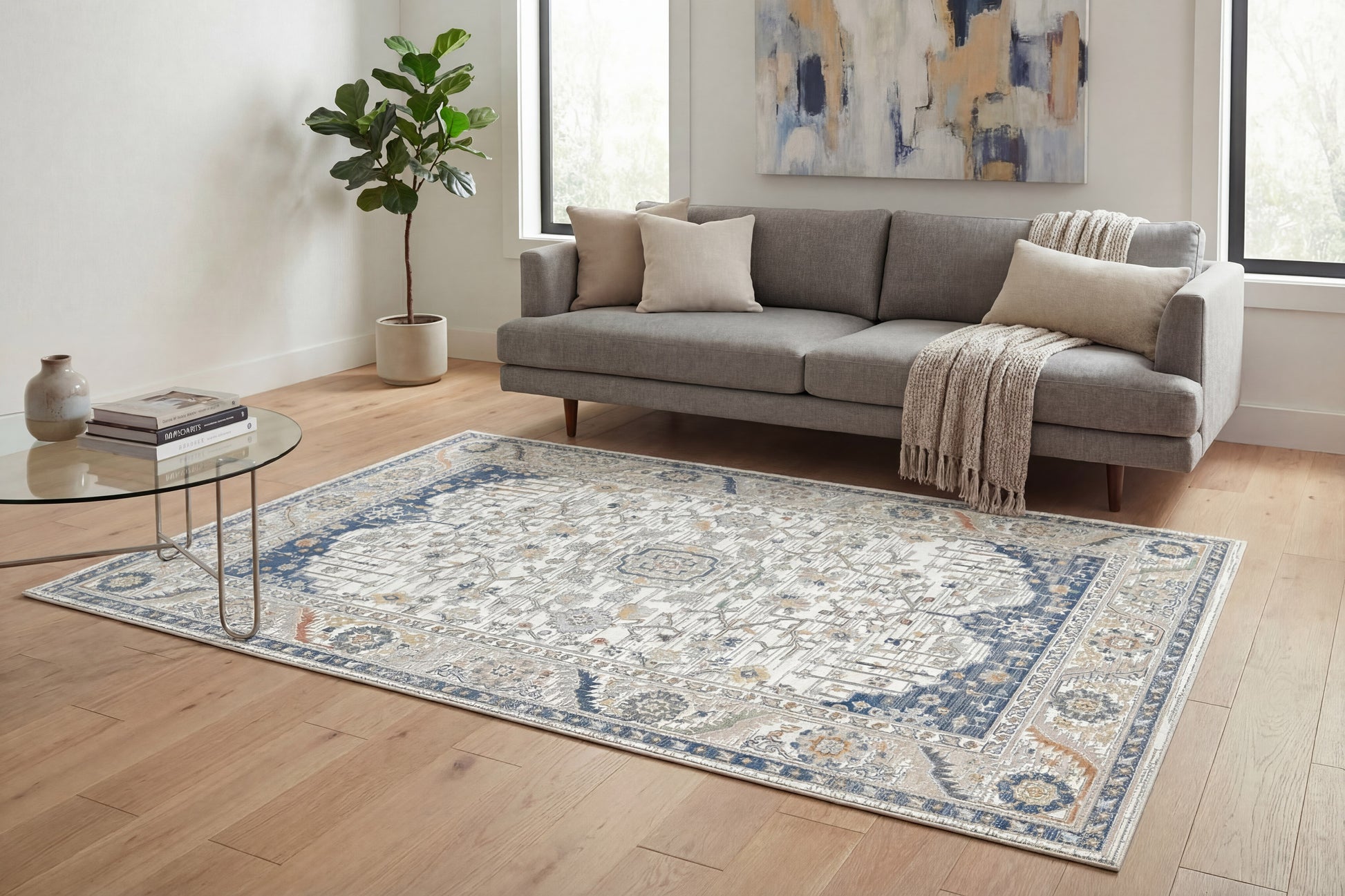 Authentic Traditional Ivory/Navy Oriental Medium Pile Rug