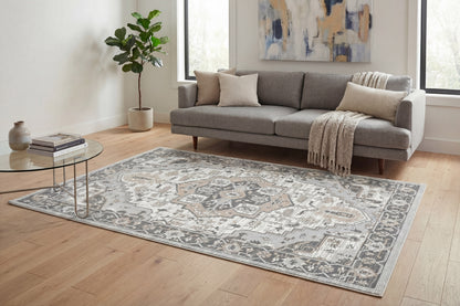 Authentic Traditional Ivory/Grey/Beige Oriental Medium Pile Rug