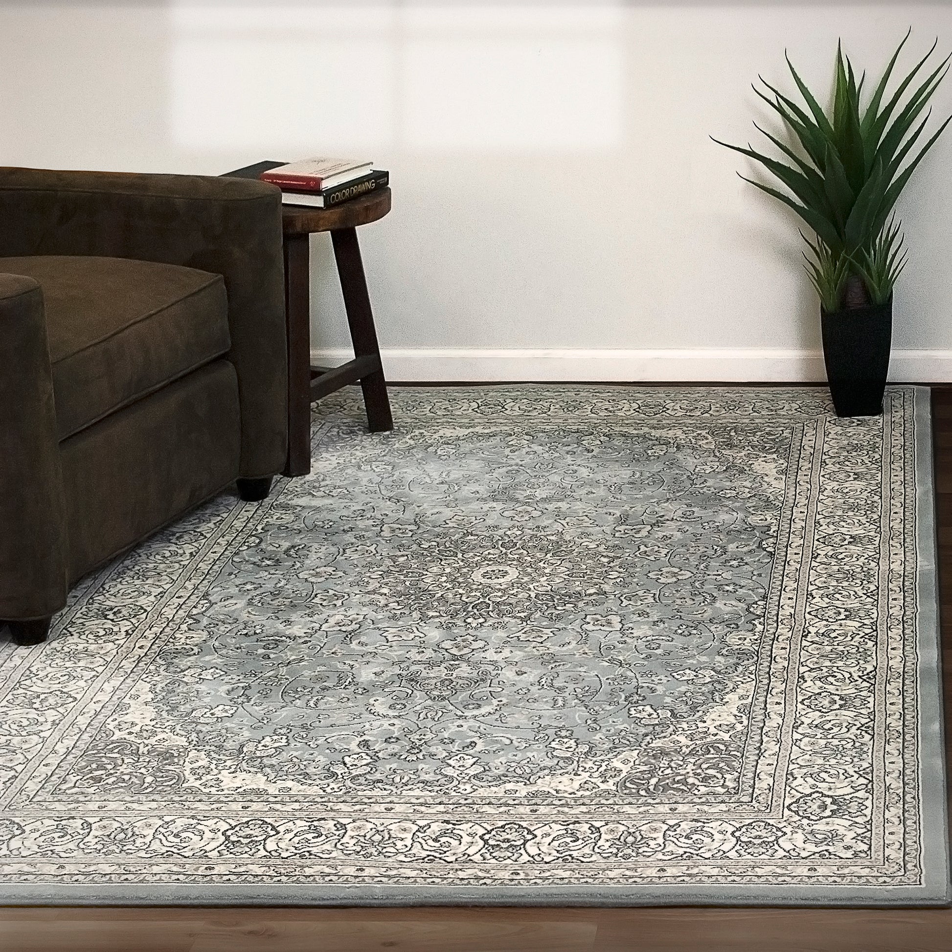 Ancient Garden Traditional Steel Blue/Cream Classic Medium Pile Rug