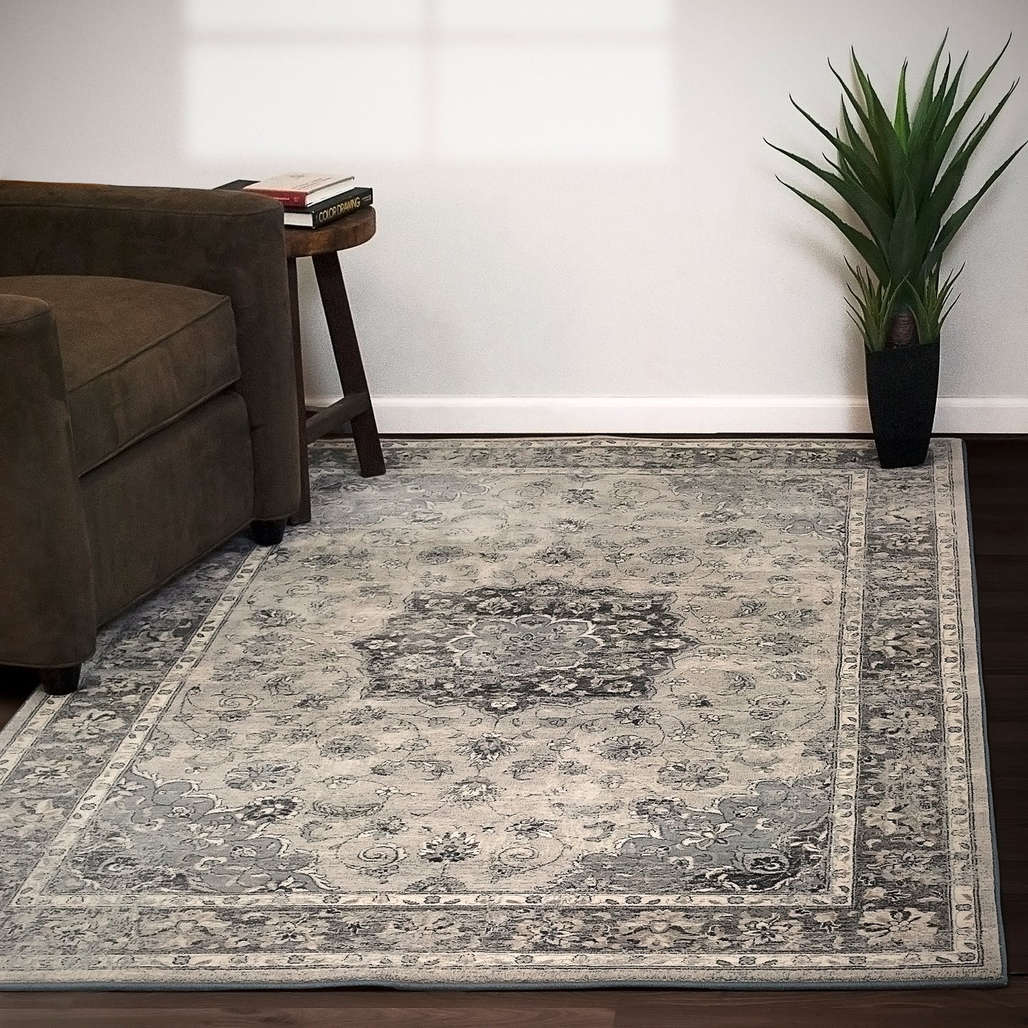 Ancient Garden Traditional Silver/Grey Distressed Medium Pile Rug