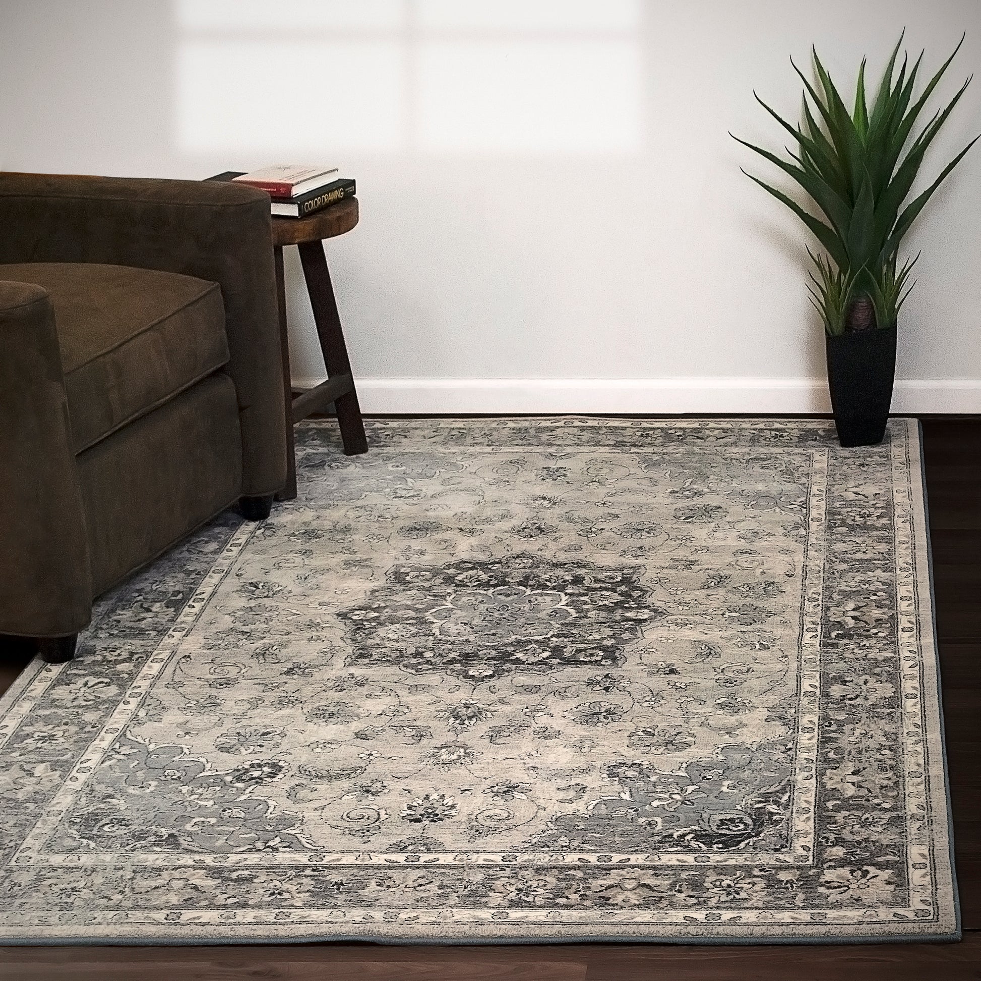 Ancient Garden Traditional Silver/Grey Distressed Medium Pile Rug