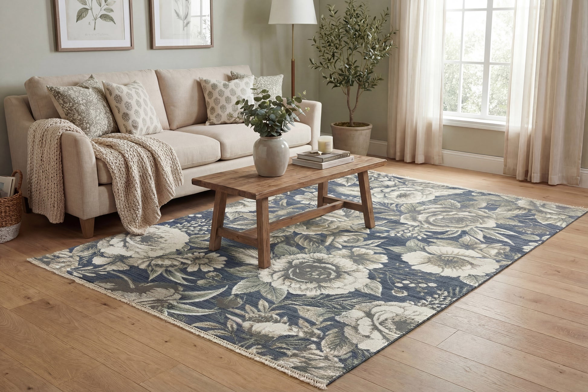 Botanica Contemporary Navy/Beige Floral Medium Pile Rug