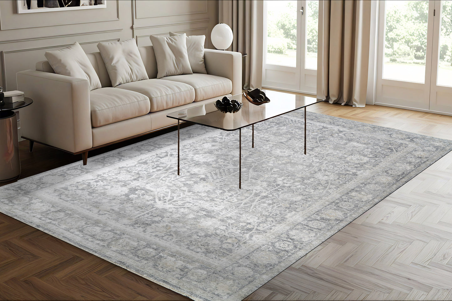 Canyon Traditional Grey/Cream Floral Medium Pile Rug