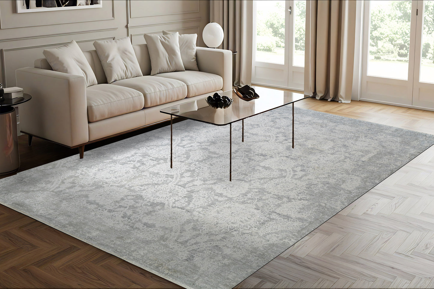 Canyon Transitional Grey/Cream Floral Medium Pile Rug