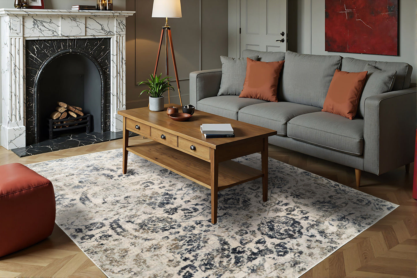 Castilla Modern Cream/Grey Distressed Medium Pile Rug