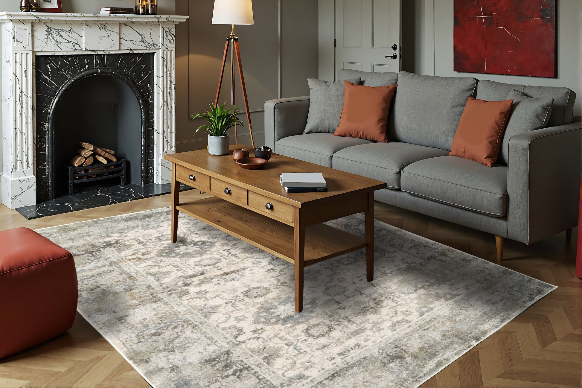 Castilla Modern Cream/Silver Distressed Medium Pile Rug