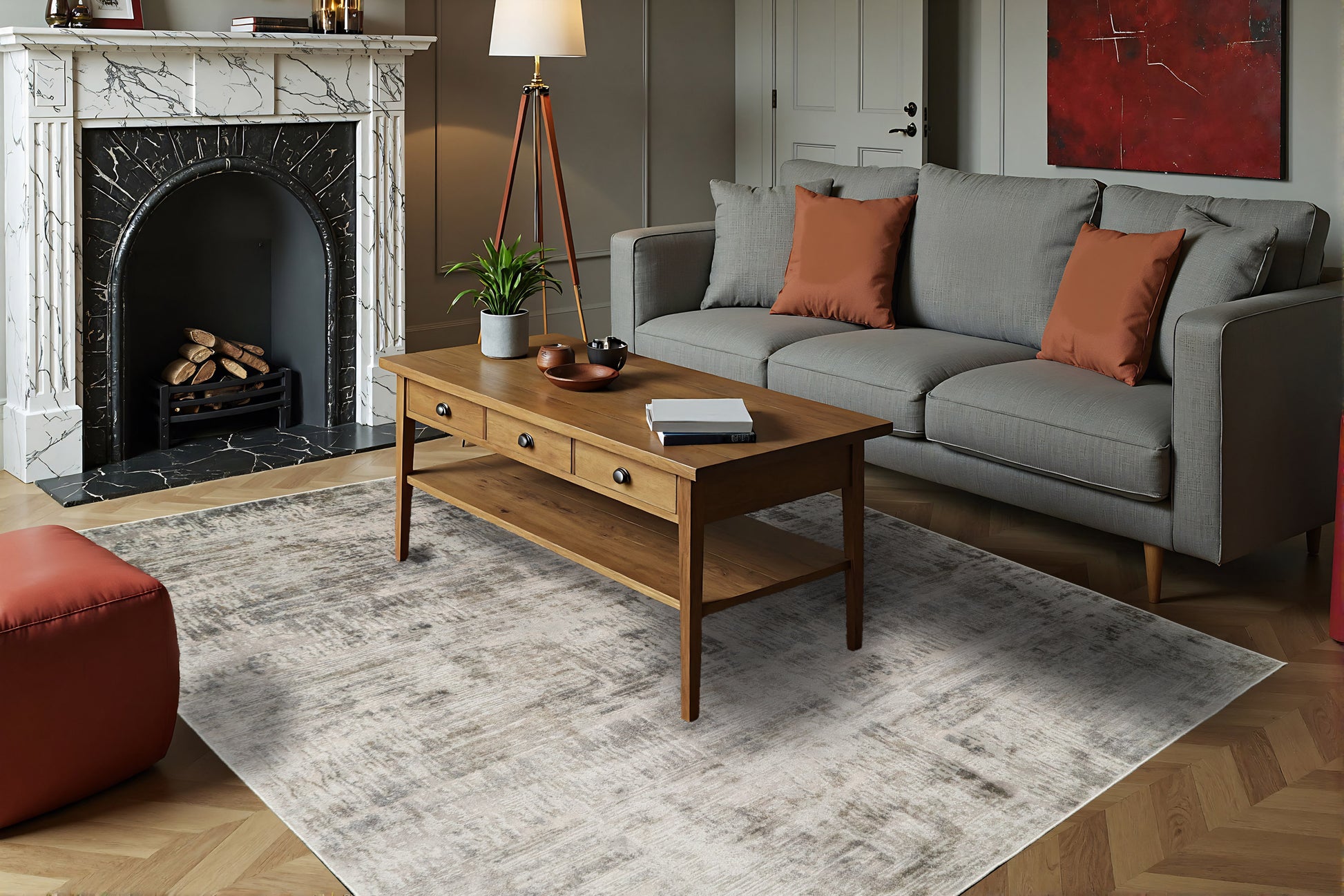 Castilla Modern Ivory/Grey Distressed Medium Pile Rug