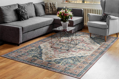 Elise Traditional Wine/Navy/Tan Oriental Low Pile Rug