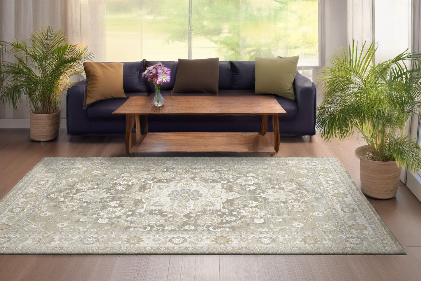 Flare Traditional Beige/Grey/Ivory Medallion Low Pile Rug