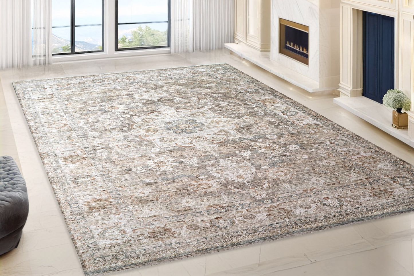 Flare Traditional Beige/Grey/Ivory Medallion Low Pile Rug