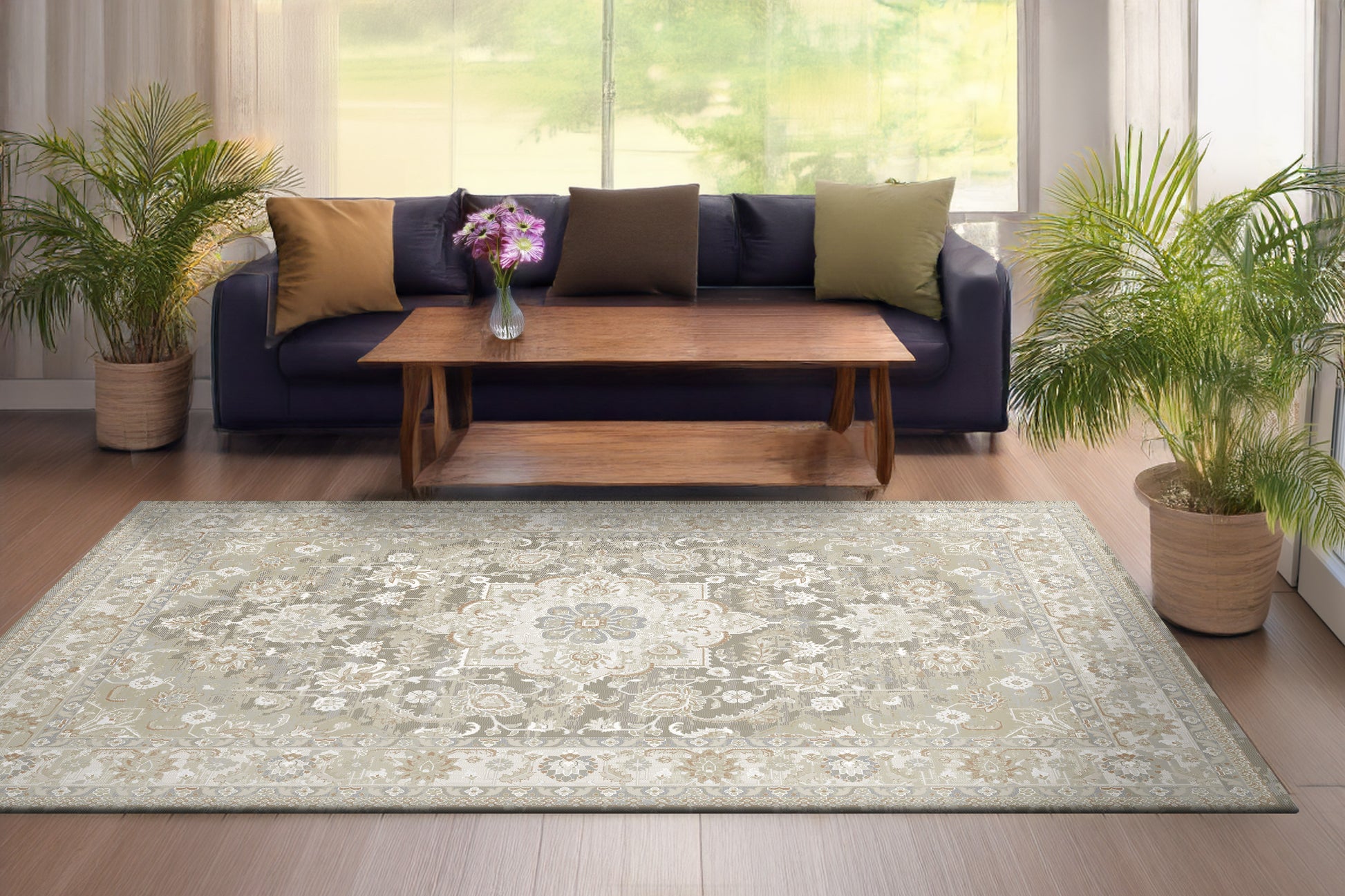 Flare Traditional Beige/Grey/Ivory Medallion Low Pile Rug