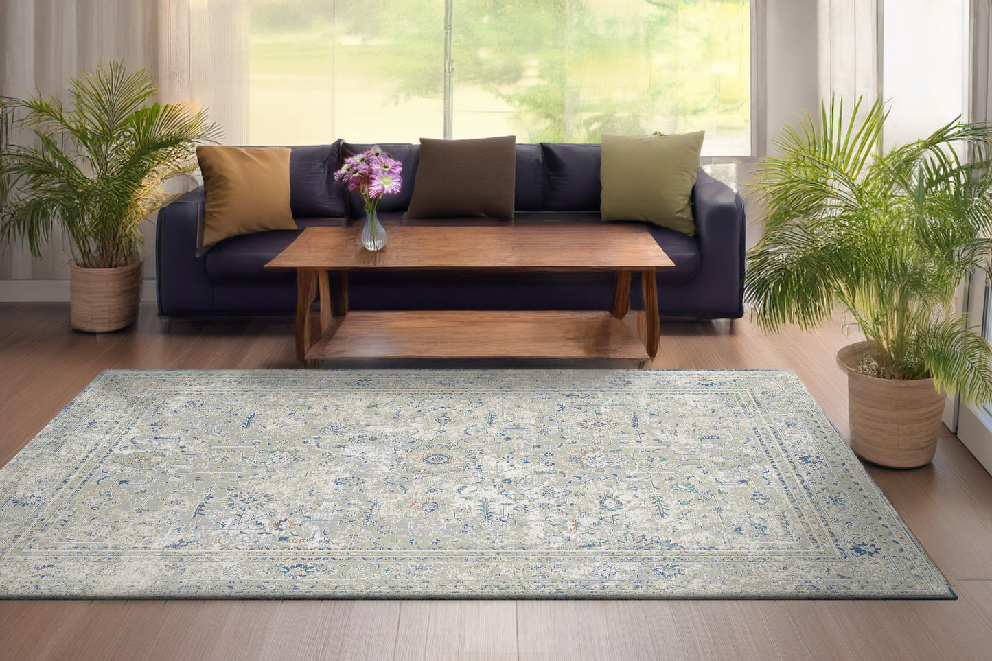 Flare Traditional Beige/Ivory/Blue Medallion Low Pile Rug