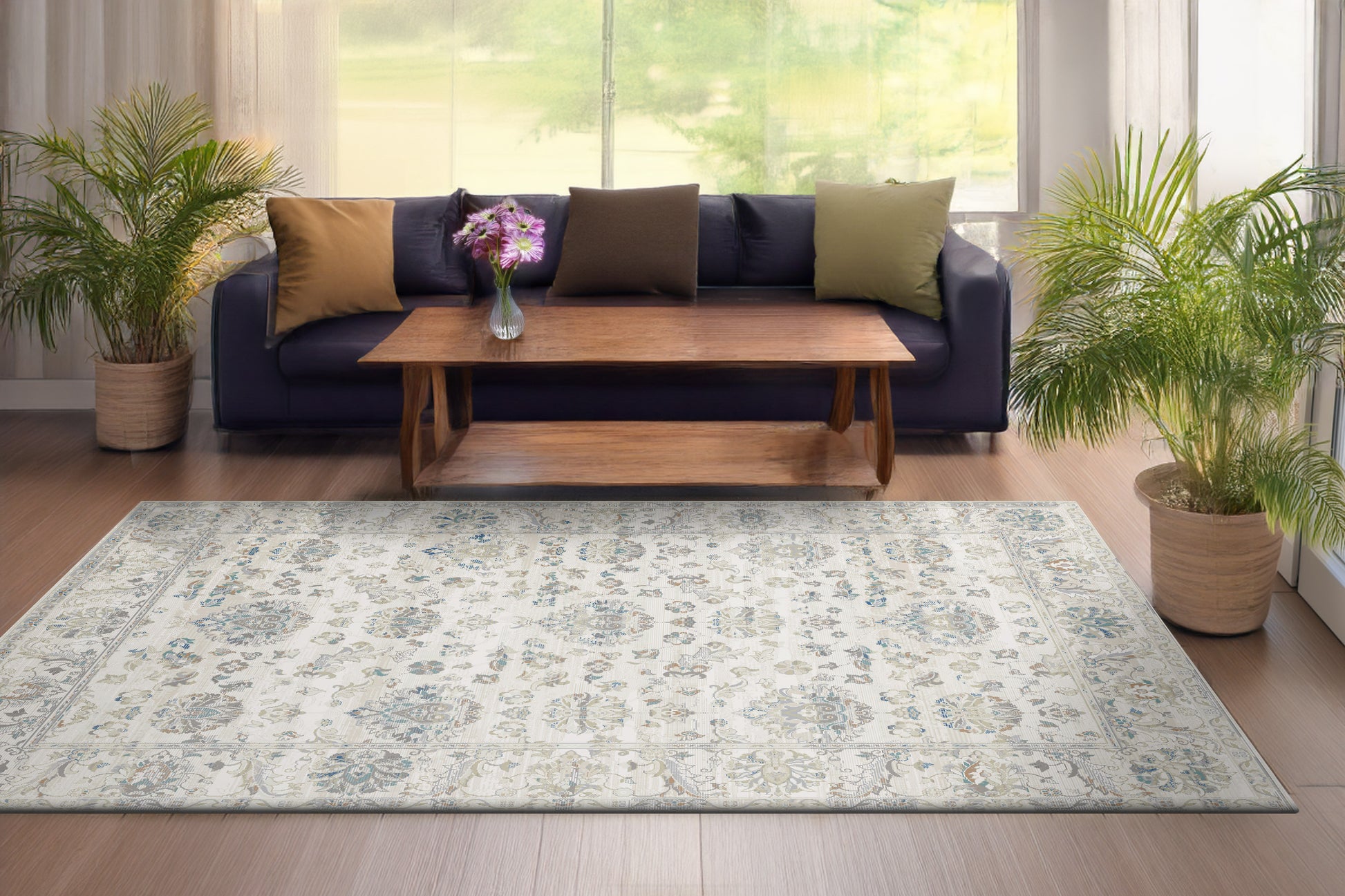 Flare Traditional Beige/Blue Floral Low Pile Rug