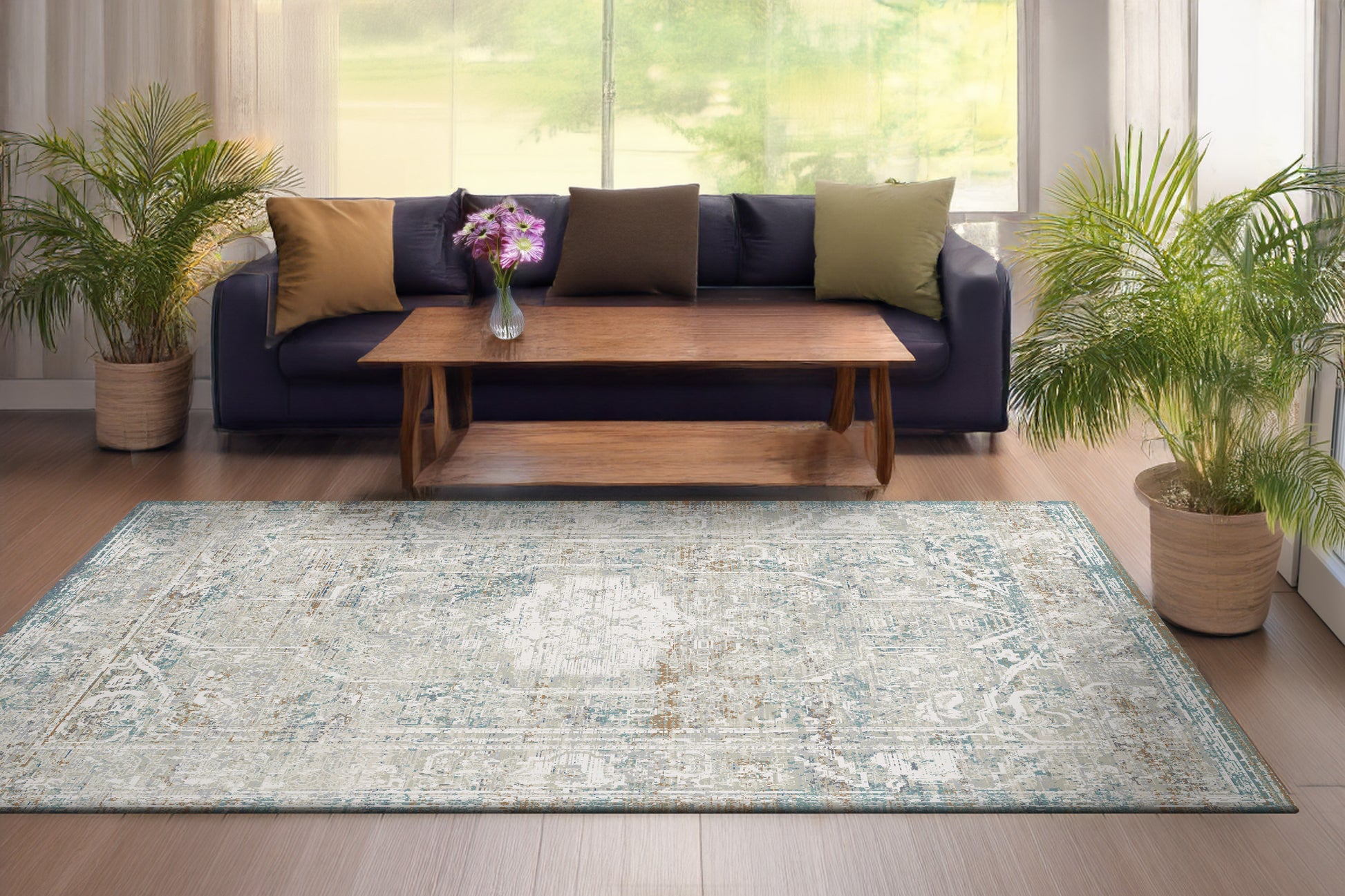 Flare Traditional Beige/Ivory/Blue Medallion Low Pile Rug