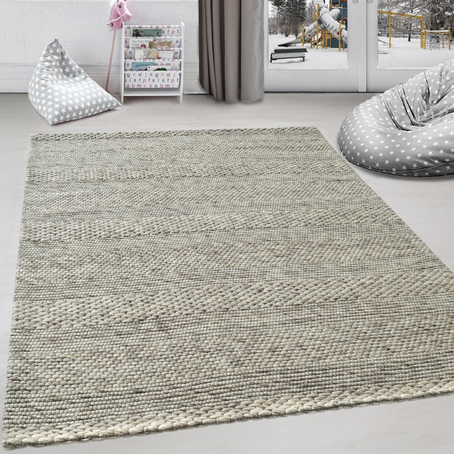 Grove Contemporary Natural Grey Striped Medium Pile Rug