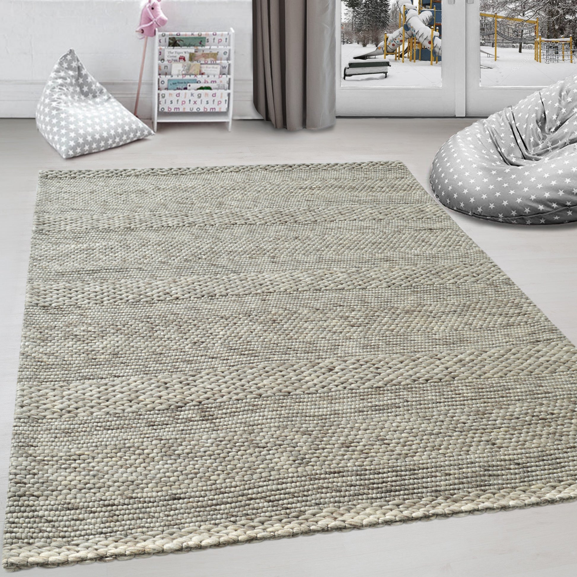 Grove Contemporary Natural Grey Striped Medium Pile Rug