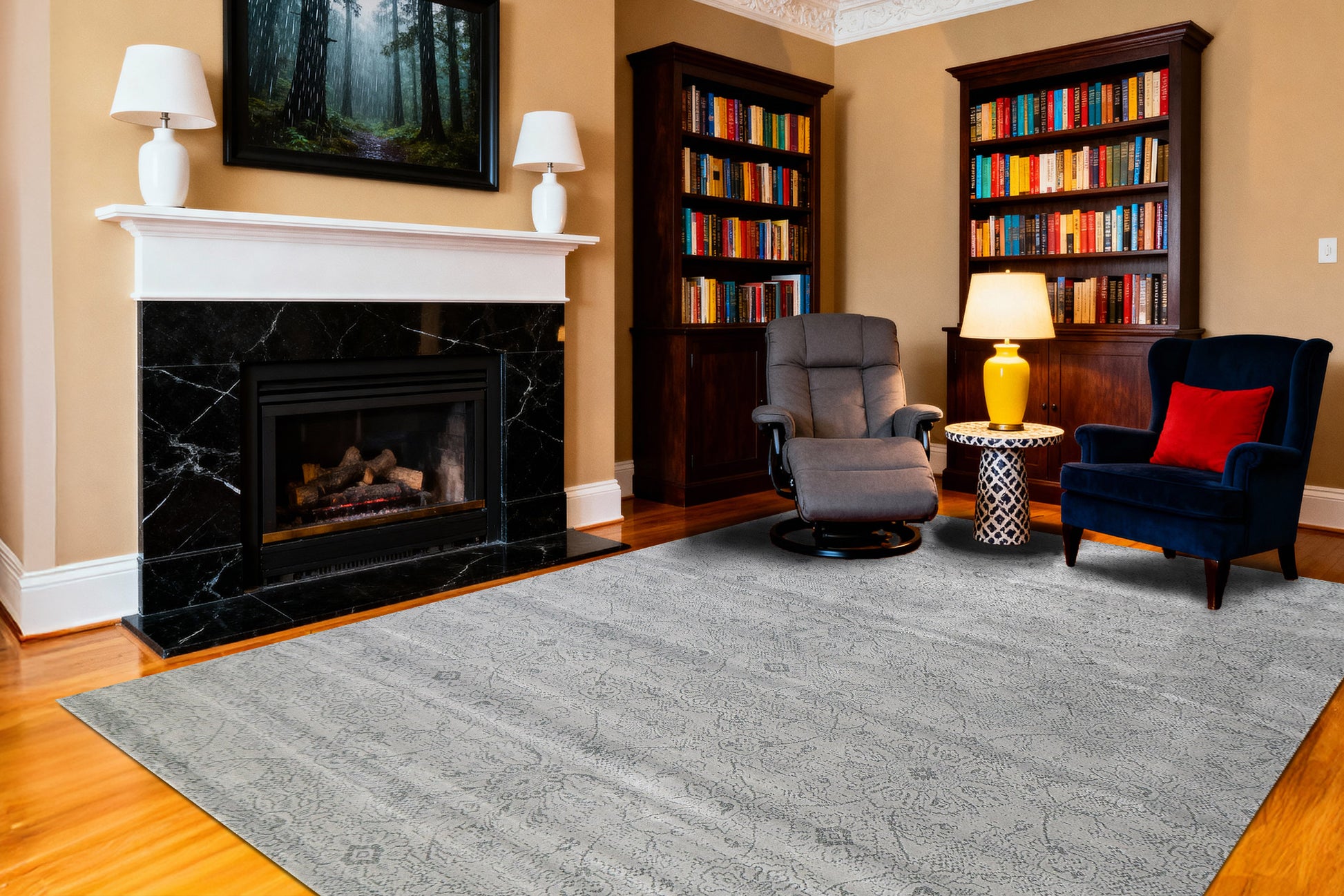 Harmony Contemporary Ivory/Blue Damask Medium Pile Rug